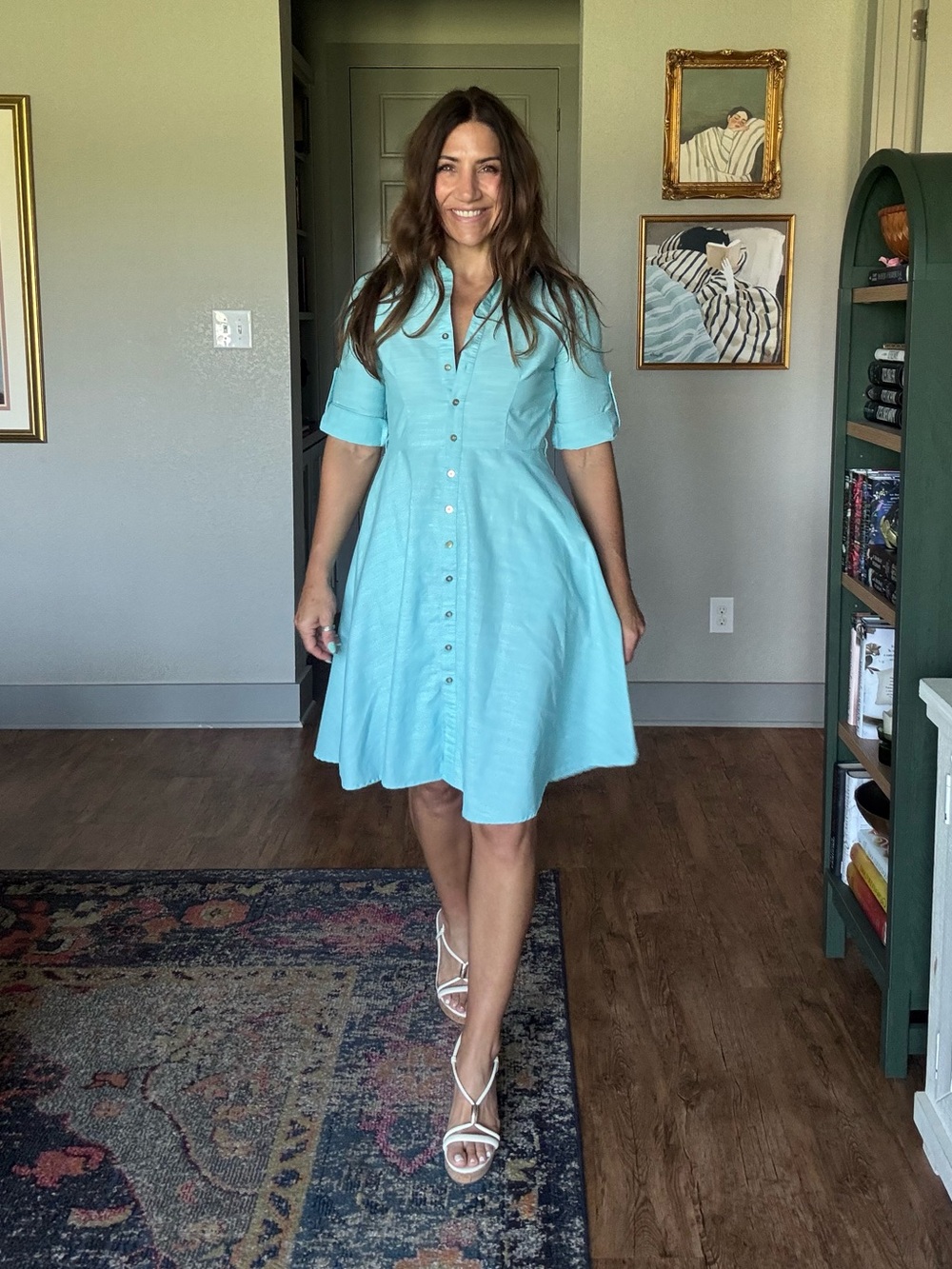 Sharagano Aqua Button Front Fit & Flare Shirt Dress